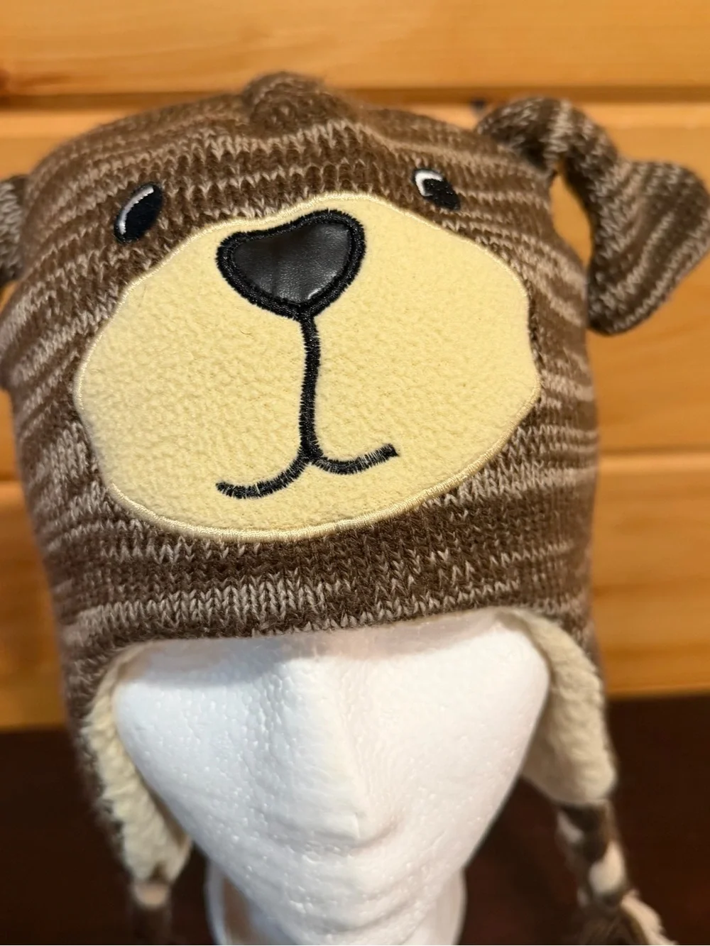 Toddler Brown Bear Knit Earflap Hat with Fleece Lining